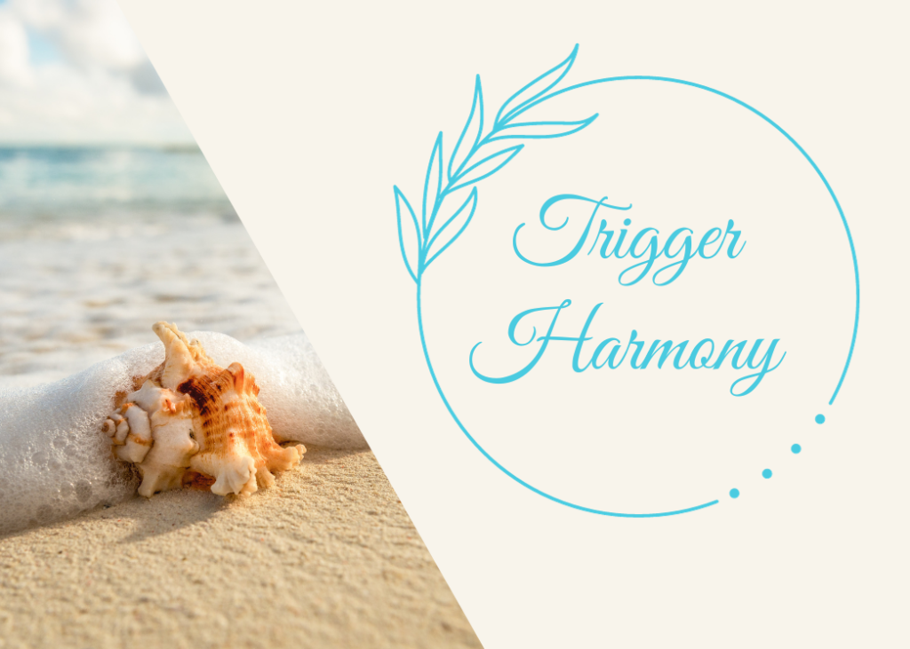 Logo von Massagestudio Trigger Harmony, im Hintergrund Muschelfoto